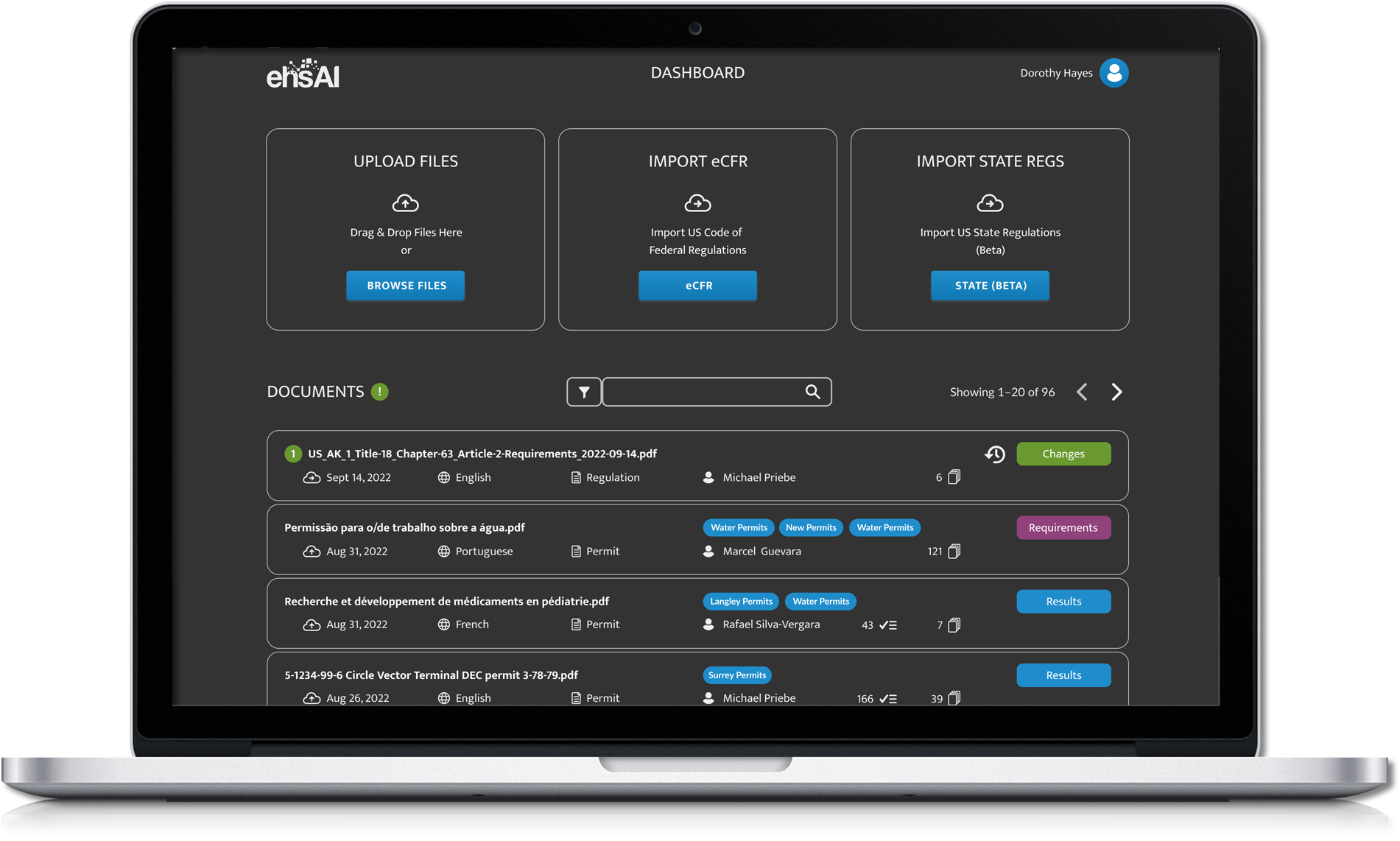 ehsAI - application dashboard using AI to Deconstruct documents, showing list of documents and upload options