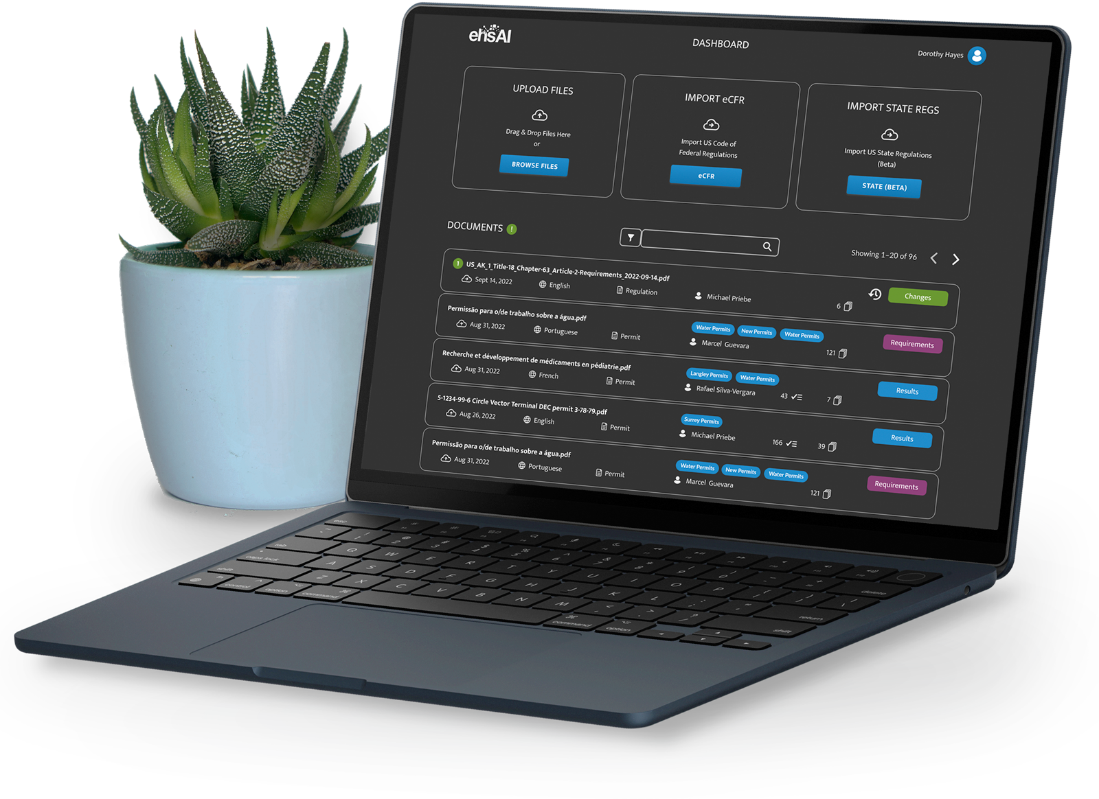 ehsAI - application dashboard using AI to Deconstruct documents, showing list of documents and upload options